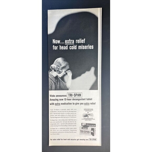Vicks Tri-Span Decongestant "Now extra relief for head cold Miseries"VTG Ad 1963 - Picture 3 of 3
